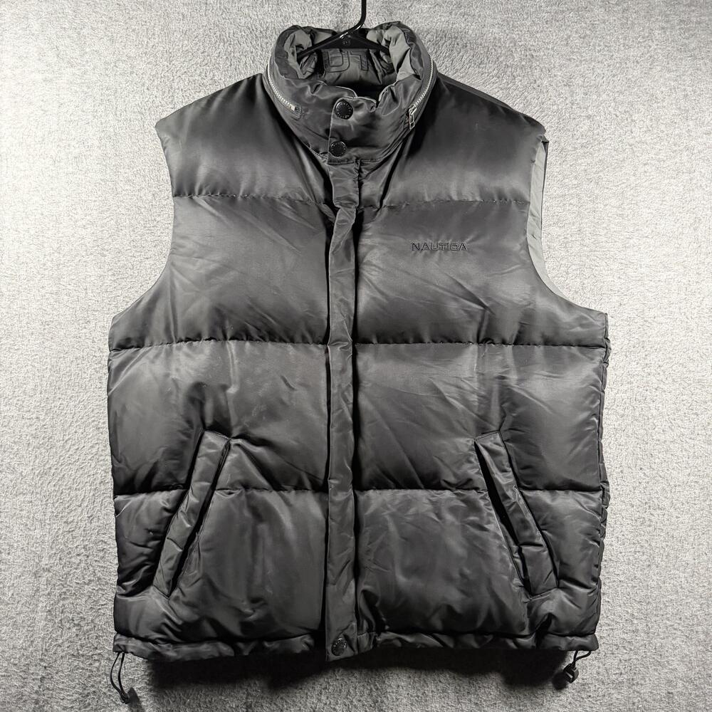 Y2K Nautica Reversible Duck Down Puffer Vest Mens XL Black Gray Spellout Hood